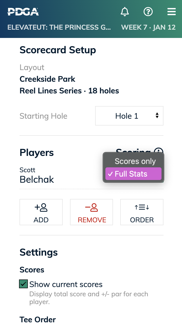 PDGA Stats Mode settings screenshot
